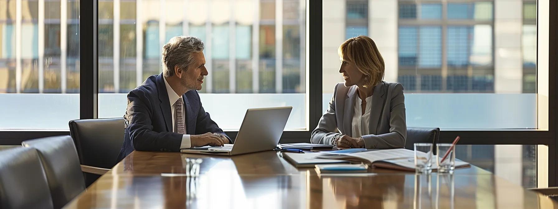 a professional office setting captures a focused discussion between two individuals seated at a sleek conference table, with legal documents and a laptop open between them, highlighting the serious considerations involved in modifying spousal support agreements in texas.