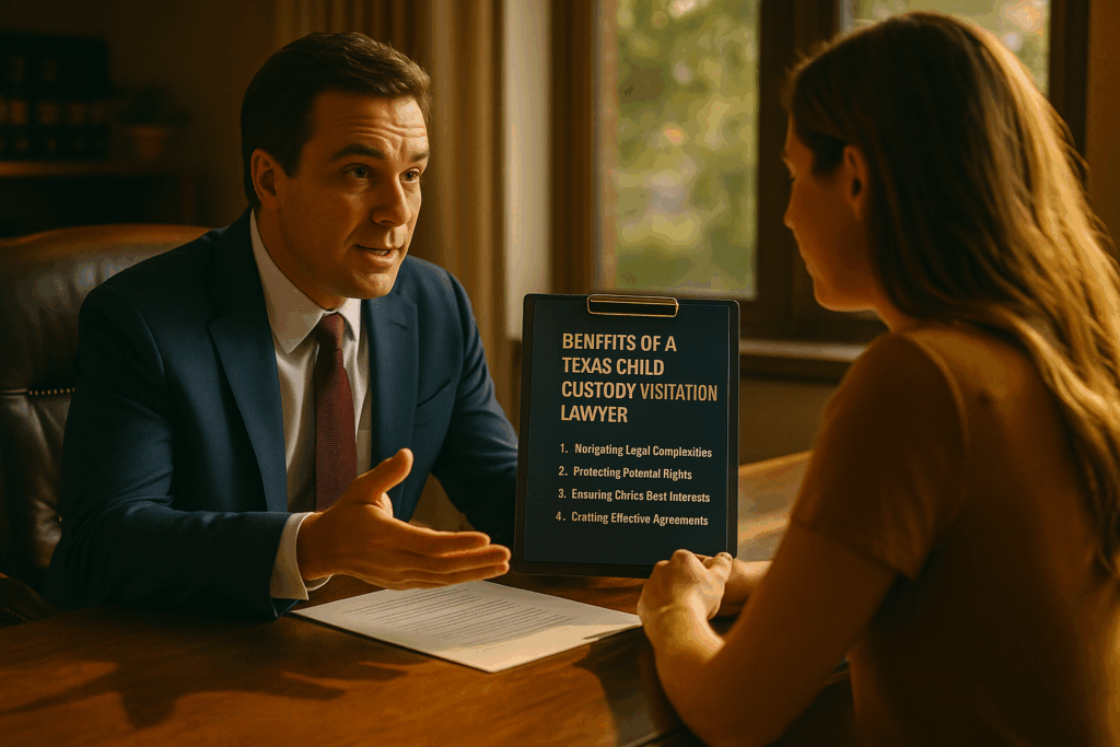 A Texas child custody visitation lawyer explaining benefits to a client.