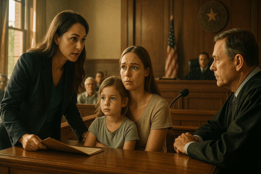 A Texas family law attorney specializing in child custody representing a client in court.