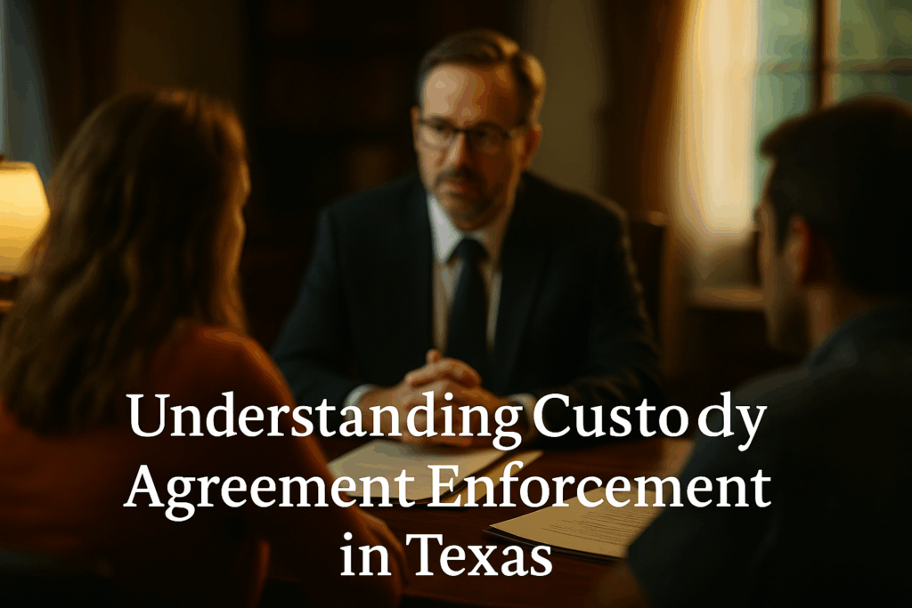A blurred image of a family lawyer discussing custody agreements with clients, highlighting the importance of understanding custody agreement enforcement in Texas.
