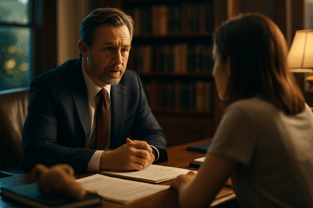 A blurred image of a legal representative discussing support options with a client, emphasizing the importance of legal representation in custody cases.