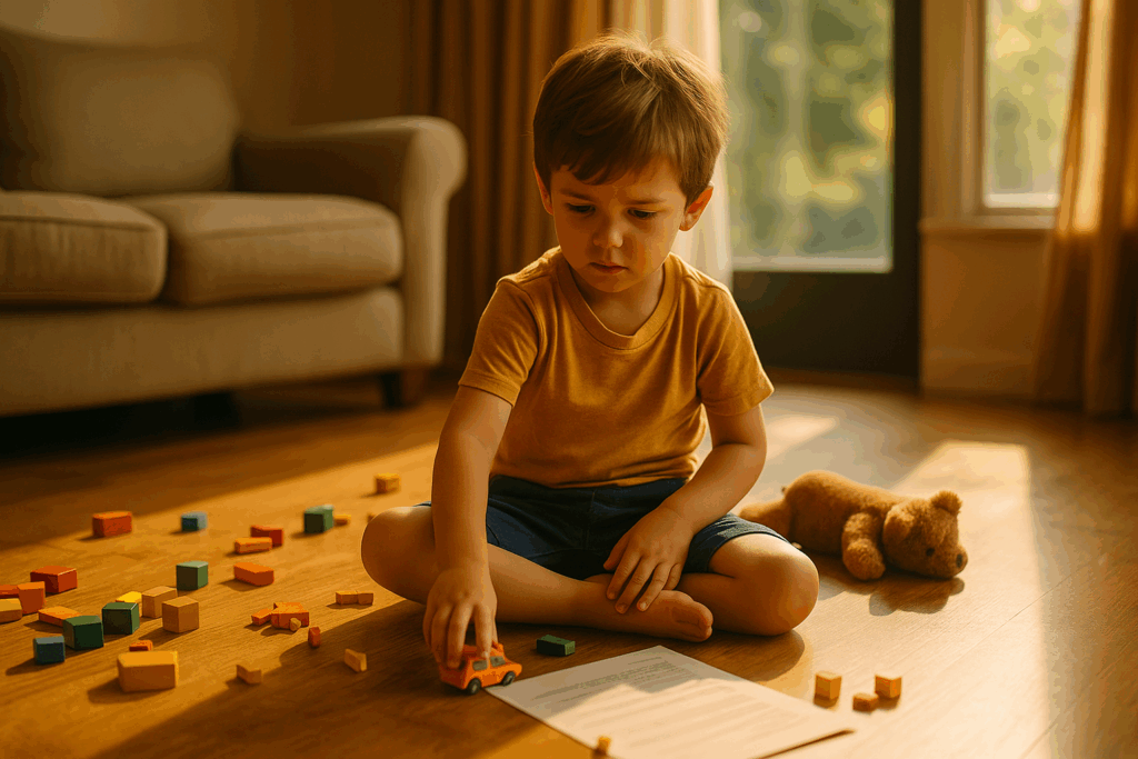 A child playing with toys, reflecting emotional impacts of custody changes.