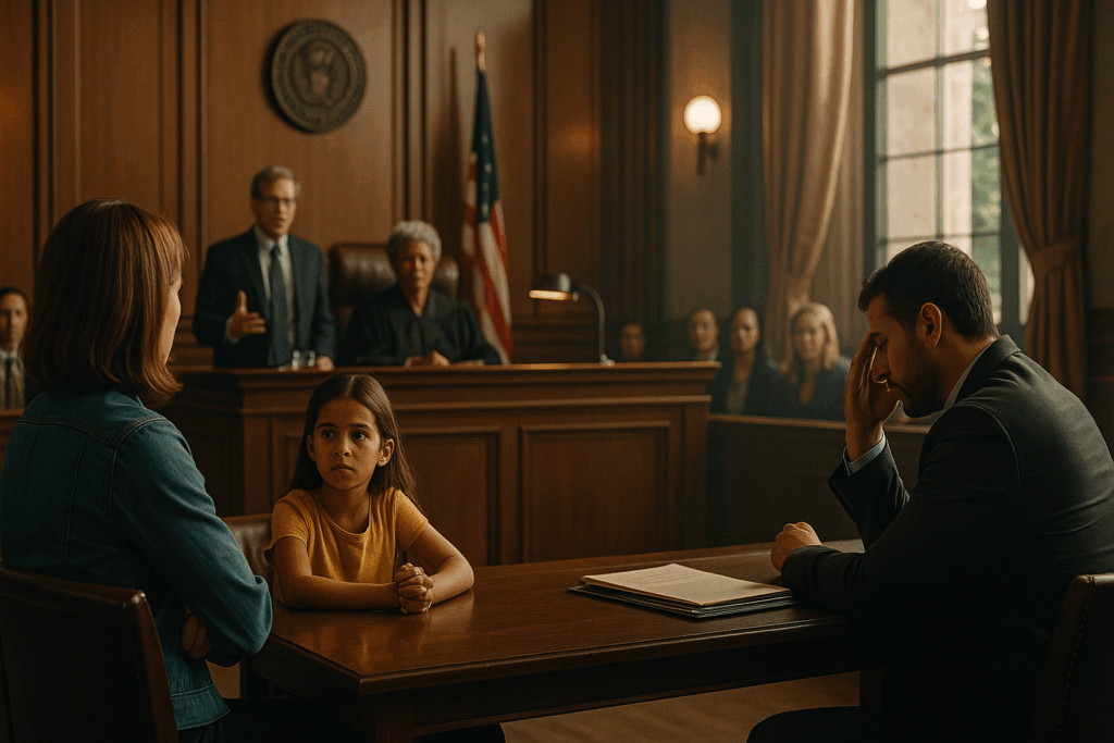 A courtroom scene depicting challenges faced in child custody cases.