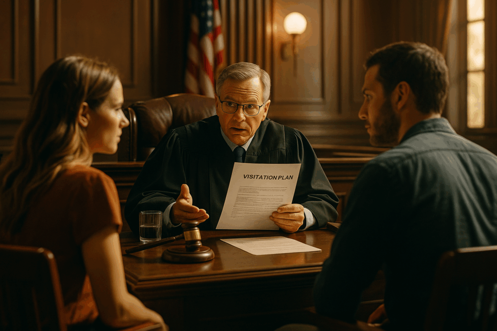 A courtroom scene where a judge is discussing a visitation plan with parents.