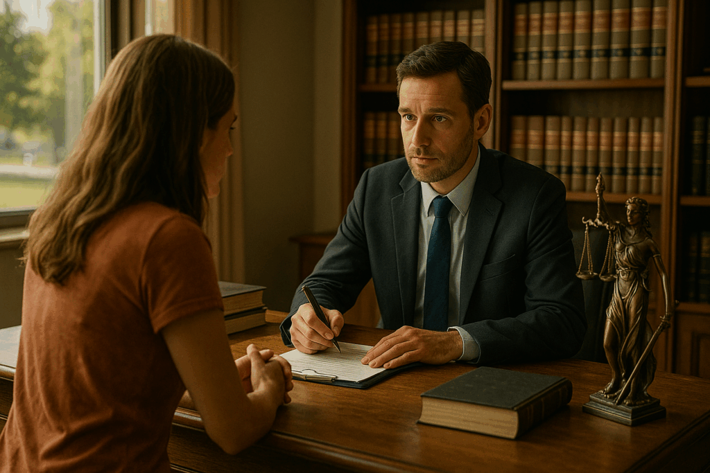 A depiction of a family law attorney consulting with a client about custody issues.