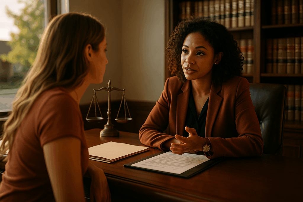 A family law attorney discussing child custody options with a client in Texas.