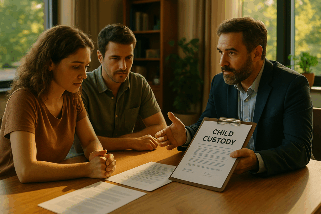 A family law attorney reviewing child custody orders with clients.