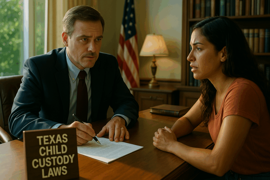 A family lawyer discussing Texas child custody laws with a client, emphasizing the importance of legal representation.