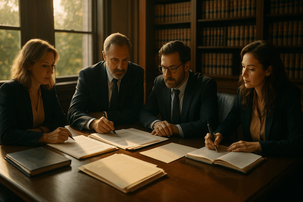 A group of experienced attorneys collaborating on child custody dispute strategies.