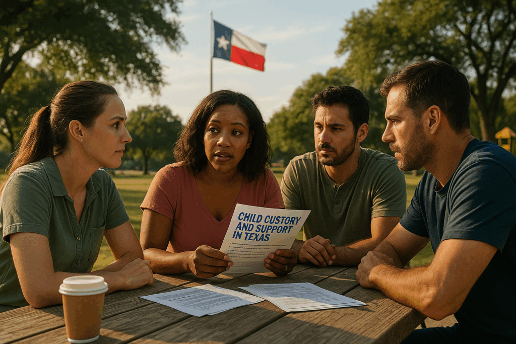A group of parents discussing resources for child custody and support in Texas.