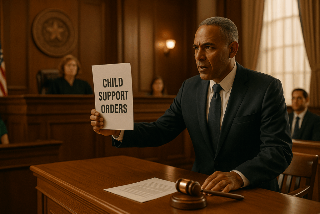 A lawyer enforcing child support orders in a courtroom.