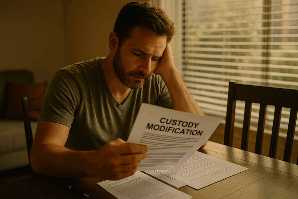 A parent looking over custody modification documents at home.