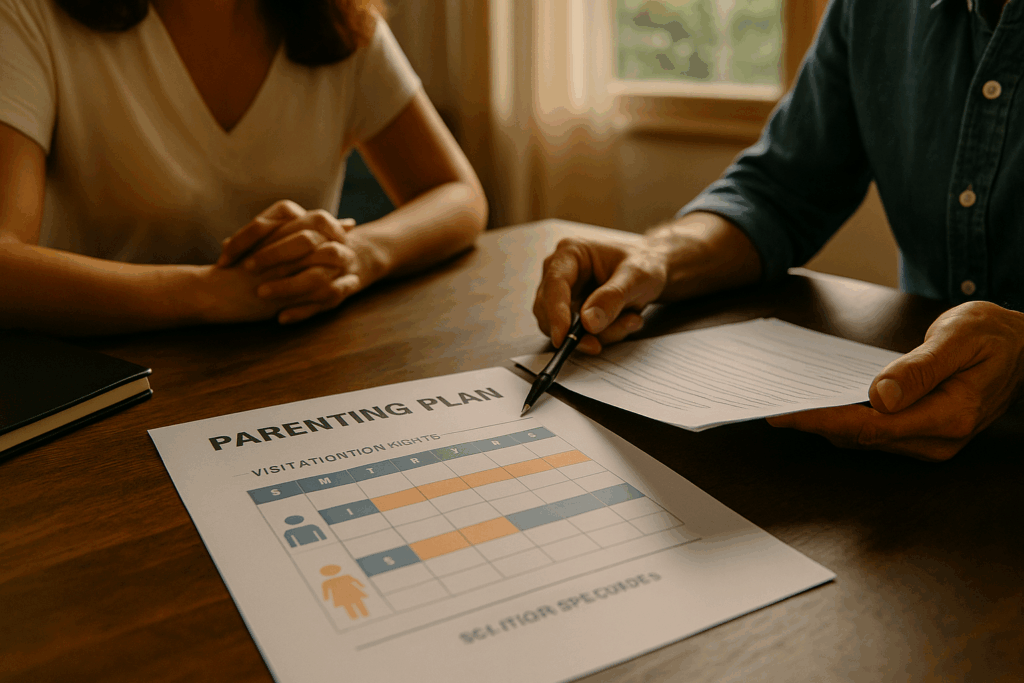 A parenting plan being discussed, illustrating visitation rights and schedules.