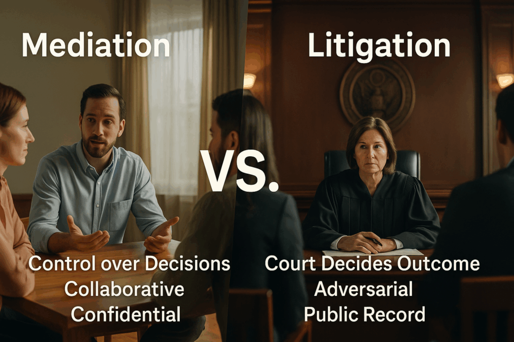 A visual comparison of mediation vs litigation for divorce, highlighting the differences between the two processes.