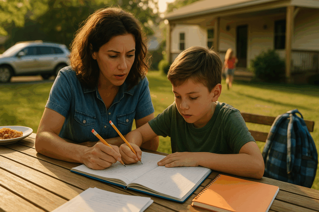 Mother helping her son with math homework at an outdoor table during summer, reflecting the emotional and academic challenges of divorce.