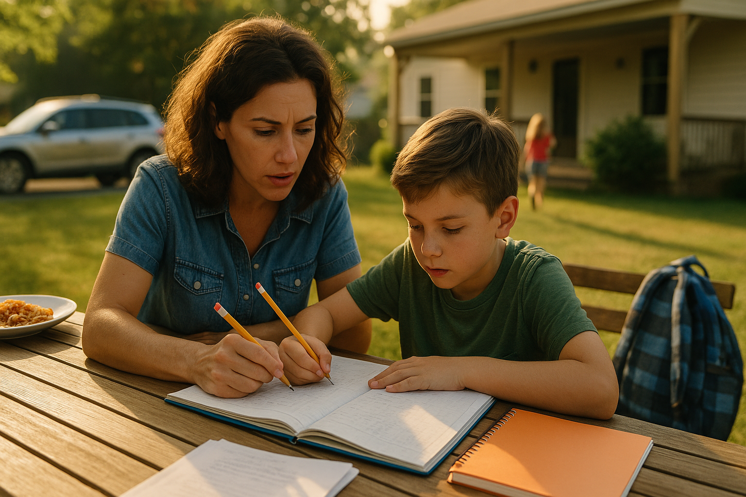 Mother helping her son with math homework at an outdoor table during summer, reflecting the emotional and academic challenges of divorce.