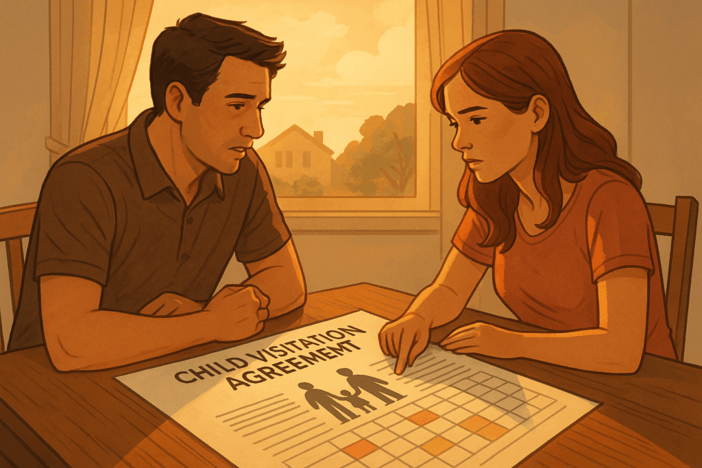 An illustration depicting a child visitation agreement, showcasing parents discussing custody arrangements.
