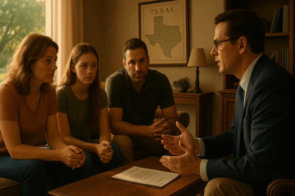 An illustration depicting a family discussing child custody modification in Texas.
