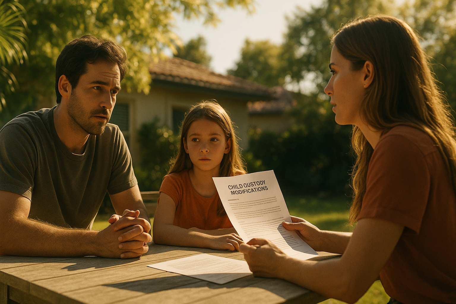 An illustration depicting a family discussing child custody modifications.
