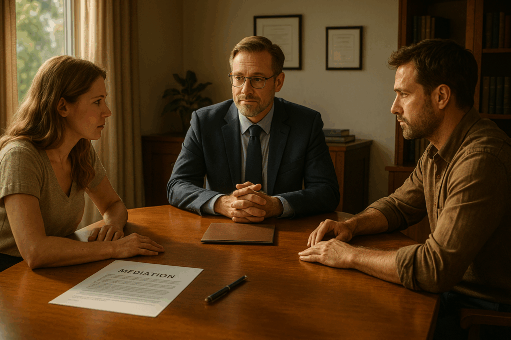 An illustration representing divorce mediation, showing a neutral mediator facilitating a discussion between two individuals.