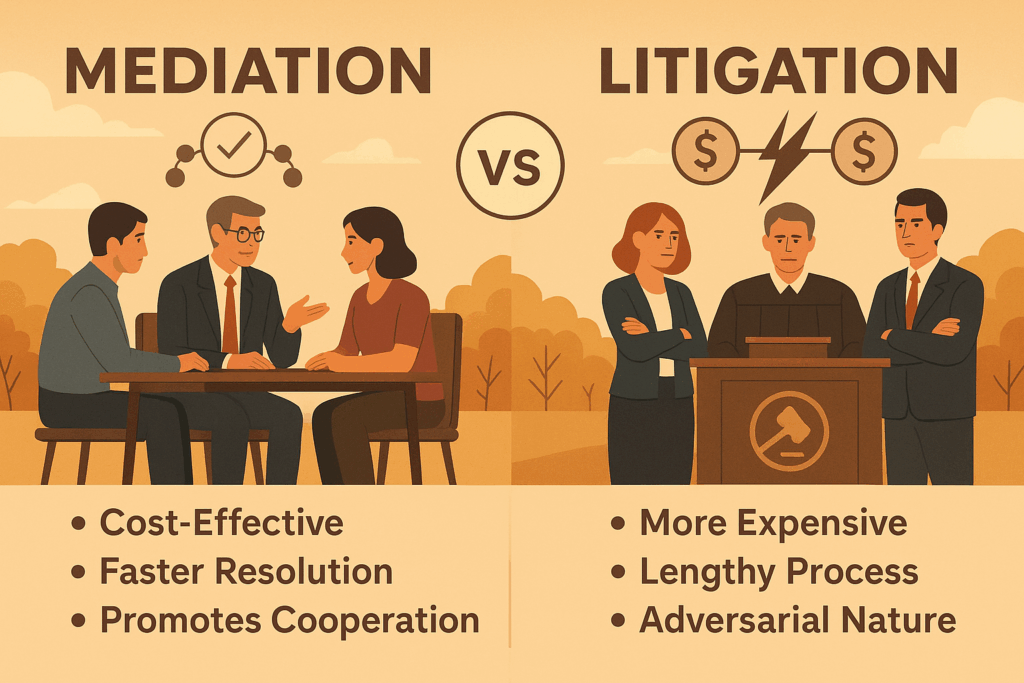 An illustration showing the benefits of choosing mediation over litigation in divorce cases.