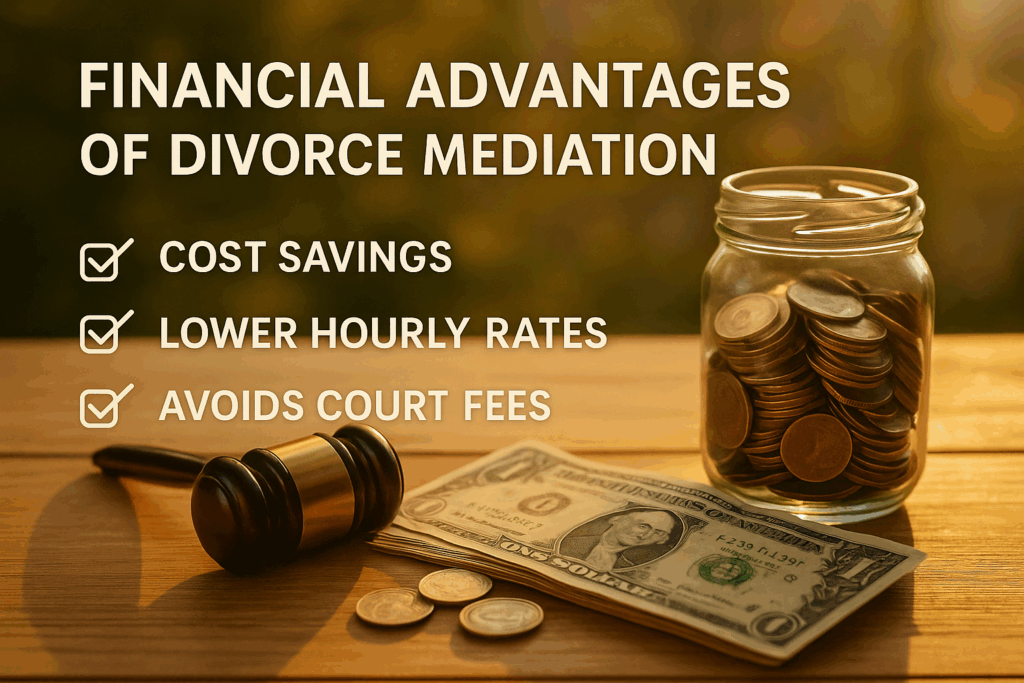 An illustration showing the benefits of choosing mediation over litigation in divorce cases.