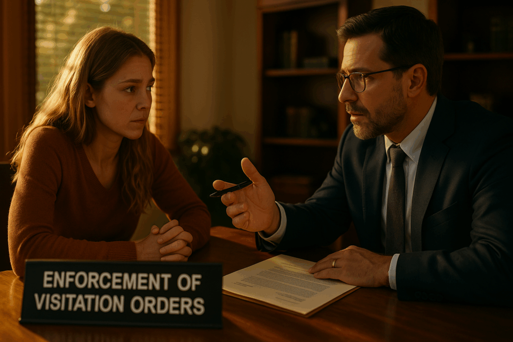 An image depicting the enforcement of visitation orders, showing a parent consulting with a lawyer.
