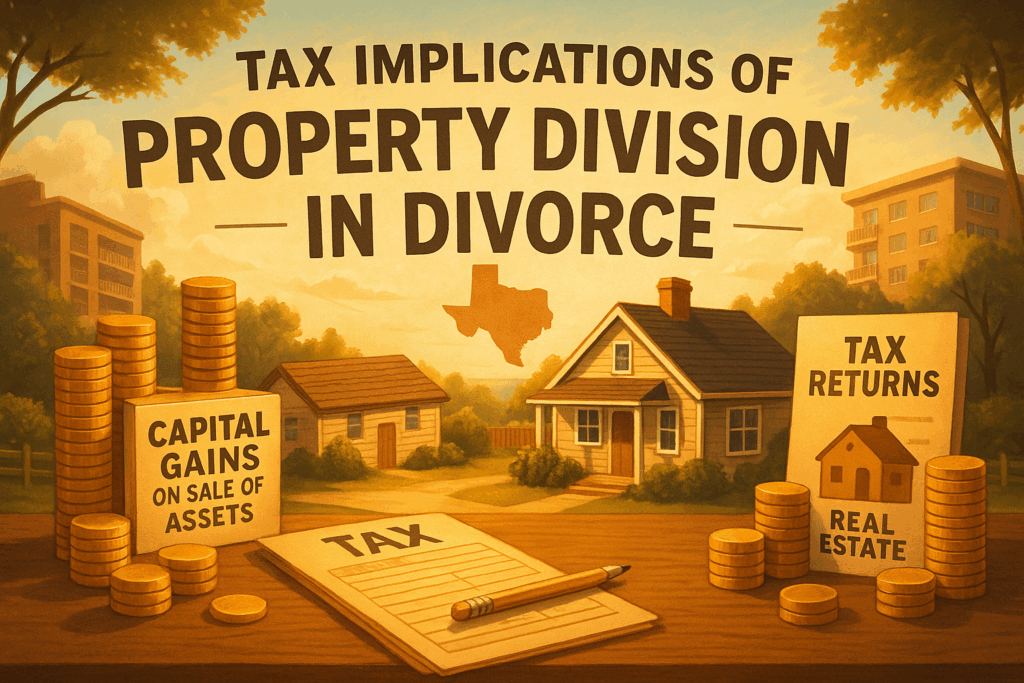 An image depicting the tax implications of property division in divorce, including real estate.