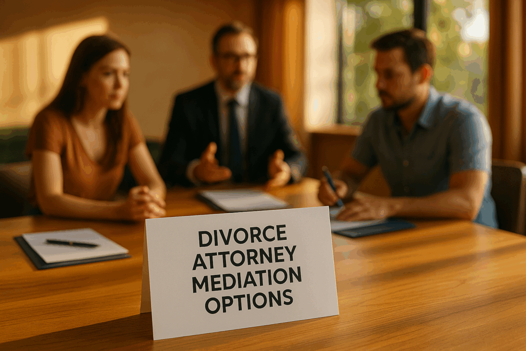An overview of divorce attorney mediation options, featuring a blurred image of a mediation session.
