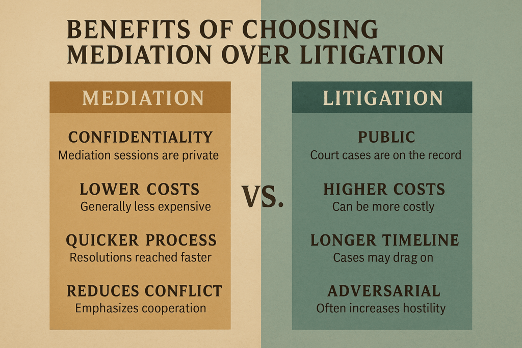 Benefits of choosing mediation over litigation, depicted through a visual comparison.