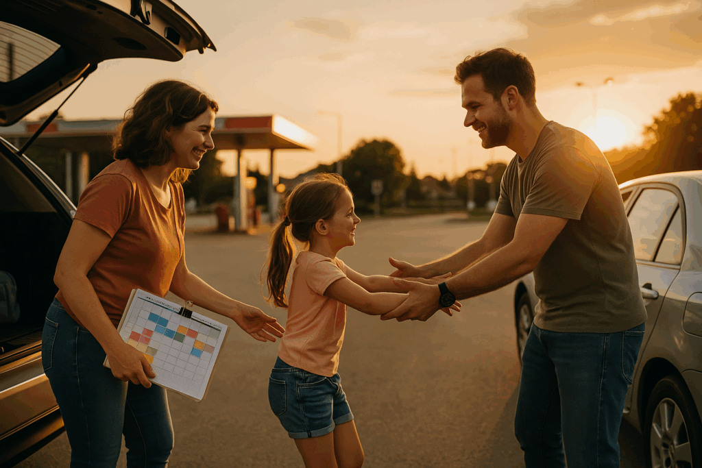 Co-parents exchanging child at sunset in a gas station parking lot with a color-coded visitation calendar in hand.