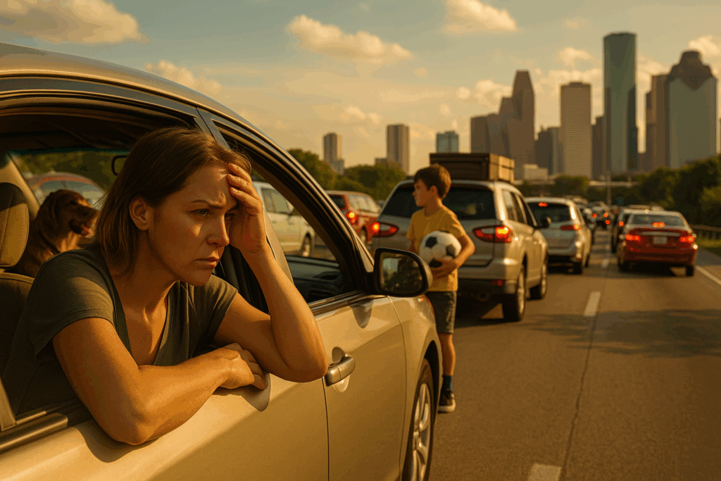 Frustrated woman in traffic in Houston during summer, with child and dog visible in nearby cars, symbolizing family stress during divorce