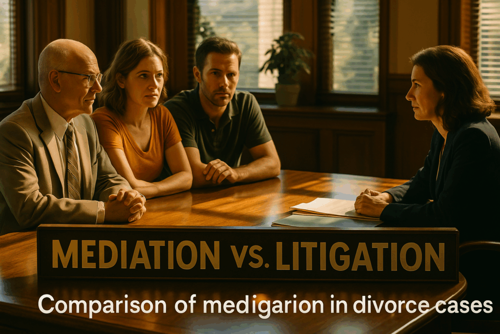 Comparison of mediation and litigation in divorce cases.