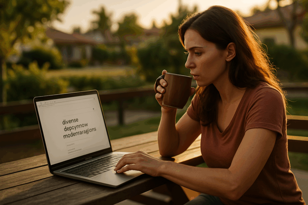 Woman researching divorce attorney mediation options on her laptop at sunset with coffee in hand