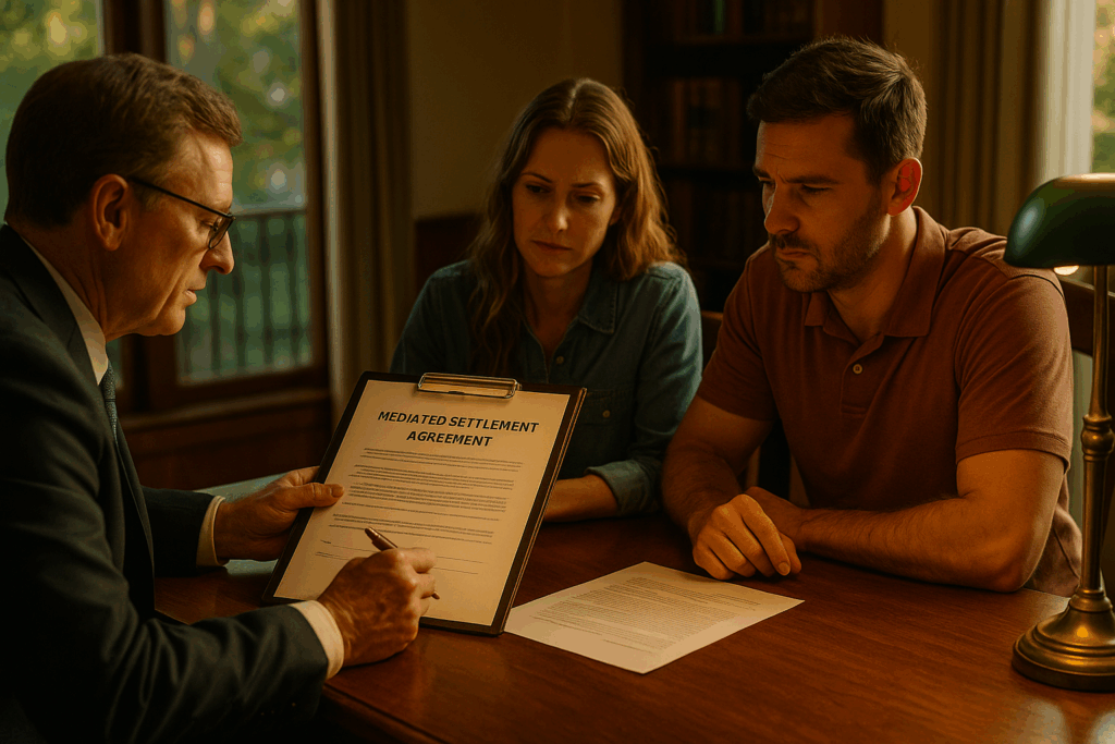 Attorney presenting a mediated settlement agreement to a divorcing couple in a warmly lit office, symbolizing the final step in the divorce mediation process.