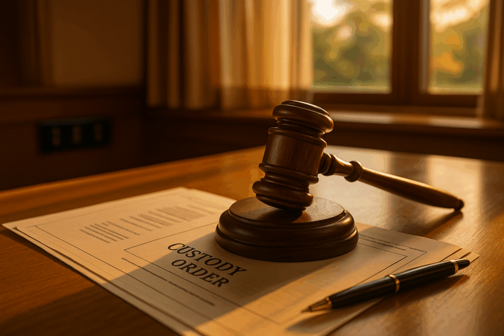 Enforcement of custody orders, depicted through a gavel and legal documents.