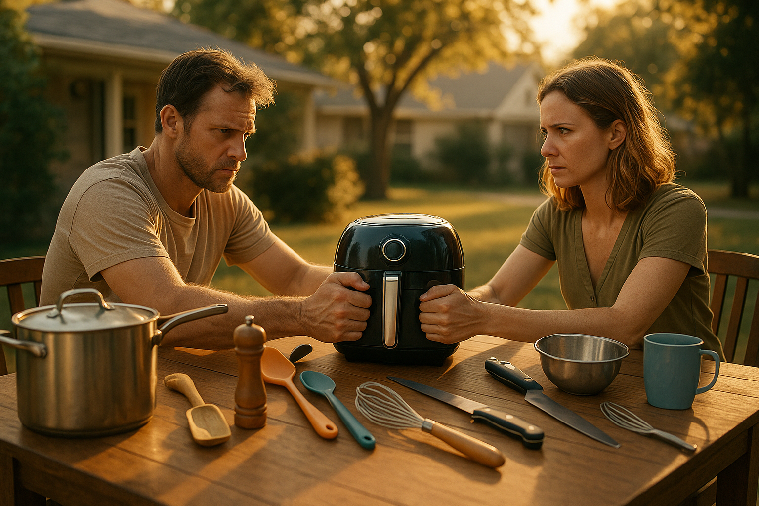 A tense couple sits outdoors at a wooden table during golden hour, both firmly gripping the same black air fryer amid scattered kitchen utensils—symbolizing the emotional and practical challenges of property division during a Texas divorce.