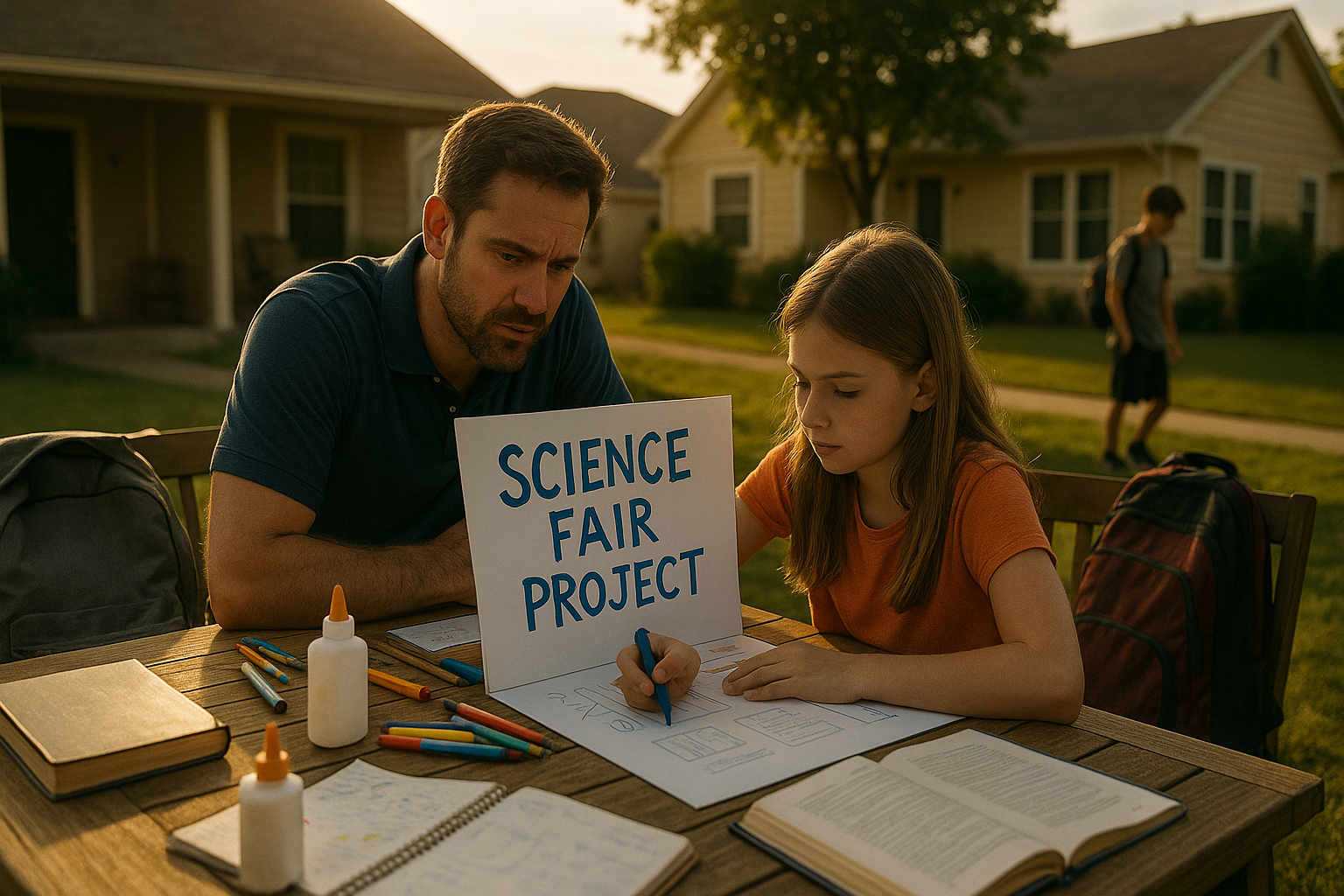 Father and daughter working on a science fair project outdoors during summer, illustrating custody challenges and shared parenting routines.