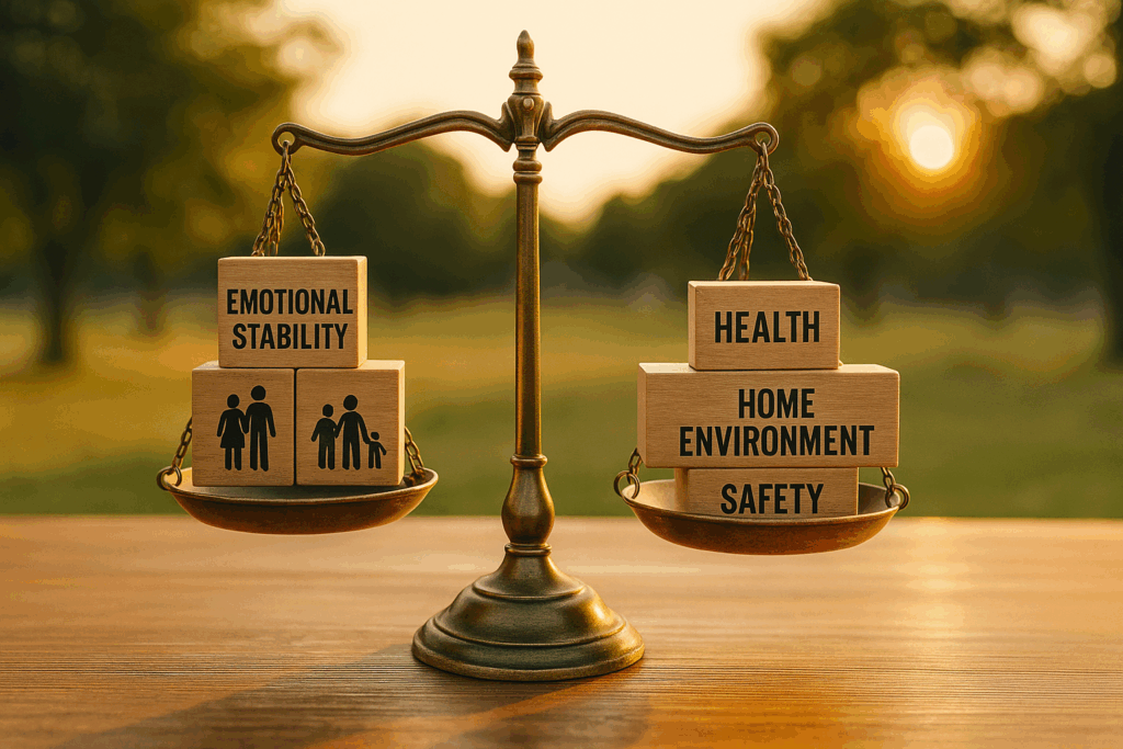 Factors influencing the best interests of the child in custody cases, represented by a scale balancing various elements.