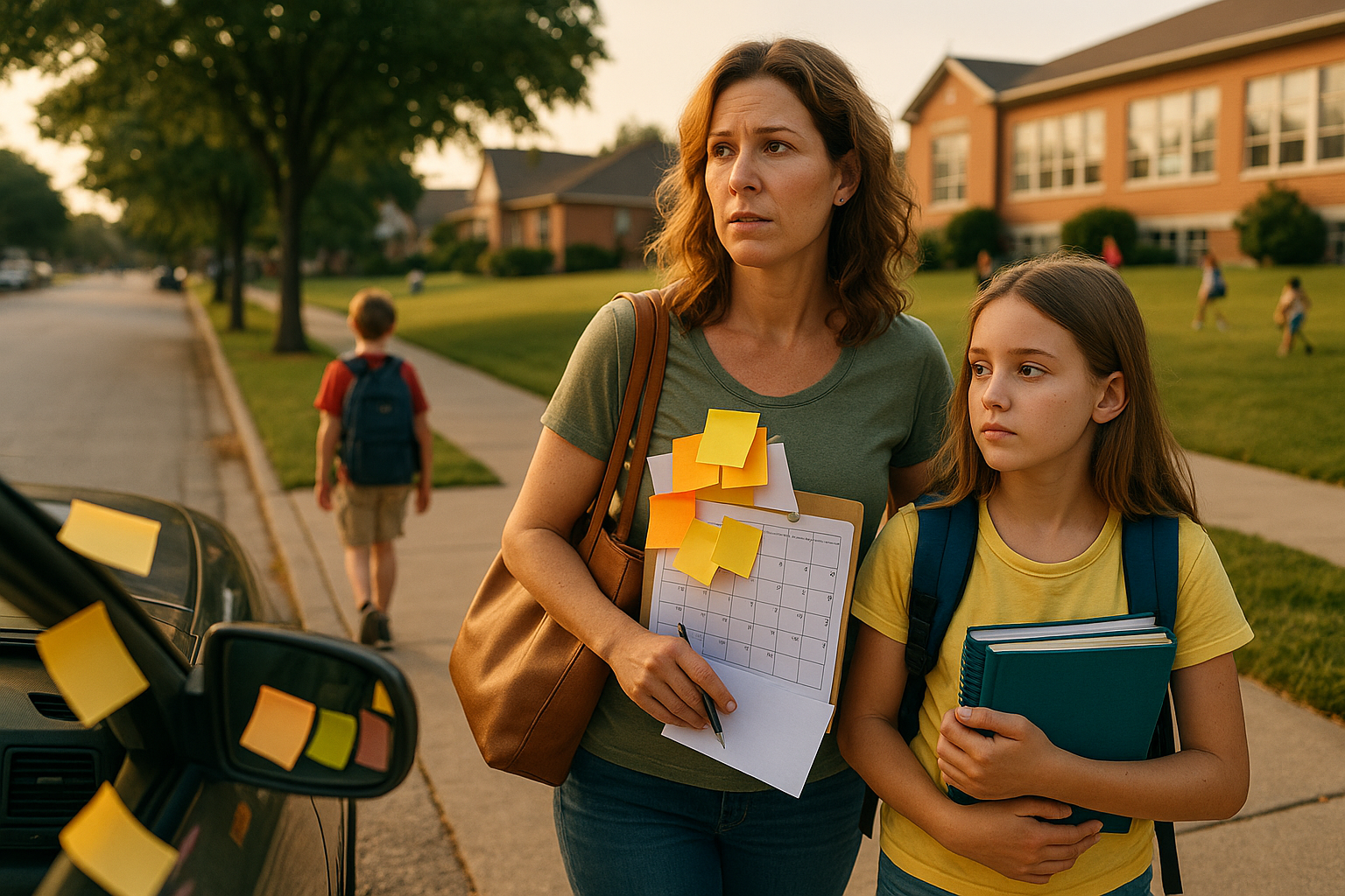A mother and daughter walking near a school with sticky notes and a calendar, illustrating the challenges of parenting during divorce