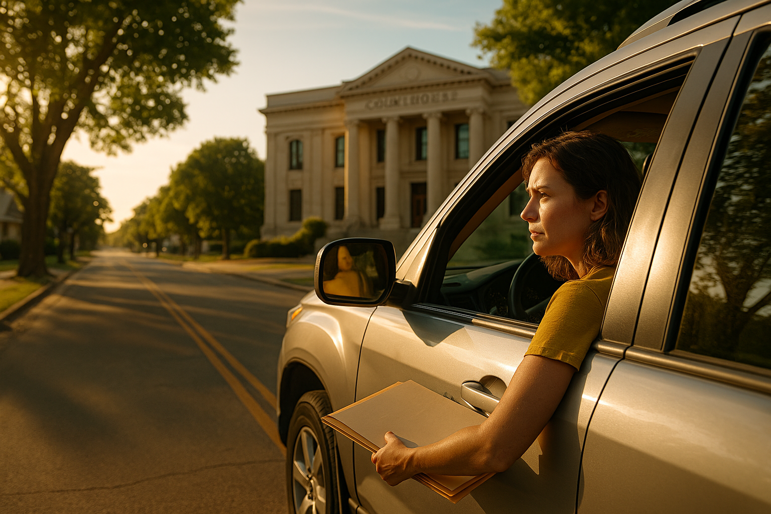 Woman sitting in SUV holding legal documents while looking at a courthouse on a sunny Texas street, symbolizing custody decisions.