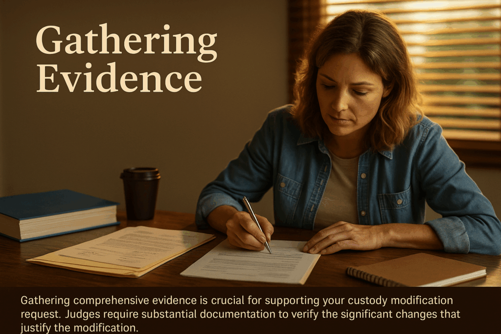 A woman sits at a wooden table reviewing custody-related documents in warm, golden sunlight. She appears focused and thoughtful, surrounded by folders, a pen, and legal papers. The image highlights the concept of "Gathering Evidence" for a custody modification case.