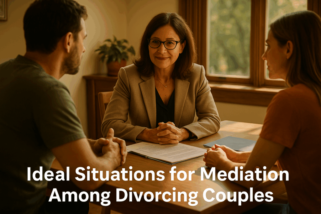 Ideal situations for mediation among divorcing couples, illustrated with a couple consulting a mediator.