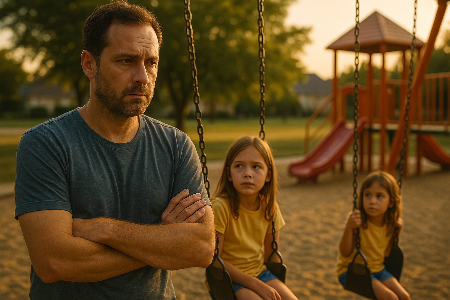 A father stands with arms crossed beside two young daughters on swings at a playground during sunset, reflecting the emotional challenges of non-custodial parenting.