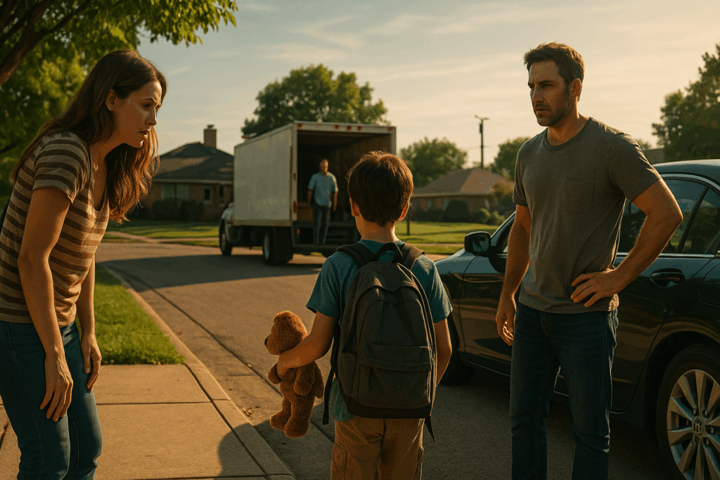 Family discussing custody exchange on a quiet suburban street at sunset, symbolizing the emotional impact of life changes on co-parenting.