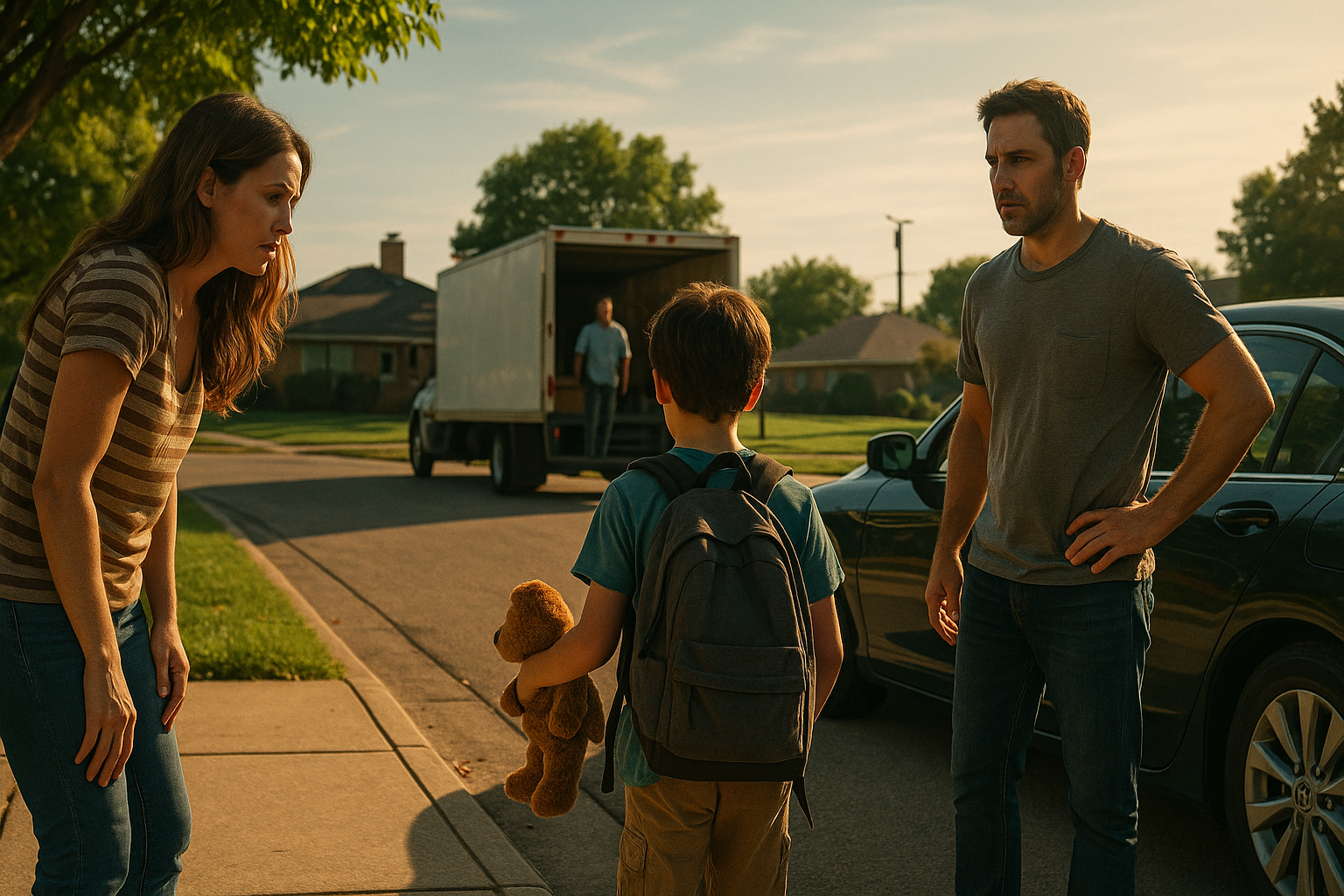 Family discussing custody exchange on a quiet suburban street at sunset, symbolizing the emotional impact of life changes on co-parenting.