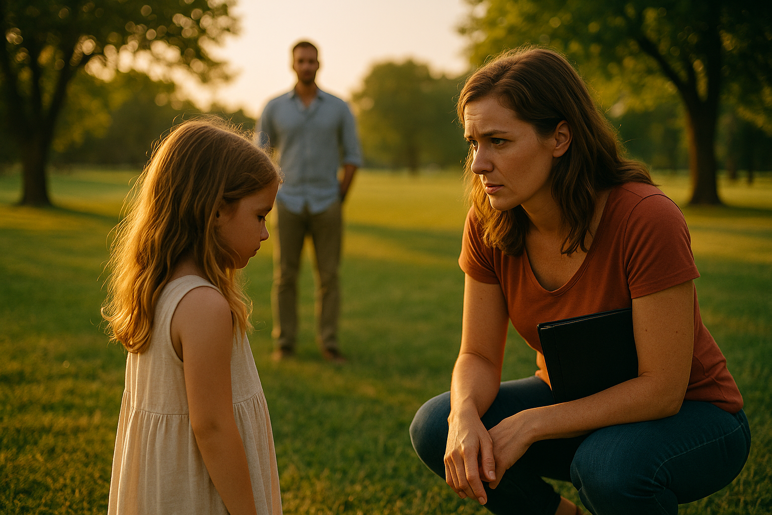 Mother talks to daughter in park as father watches from a distance, symbolizing the emotional complexities of sole custody in Texas.