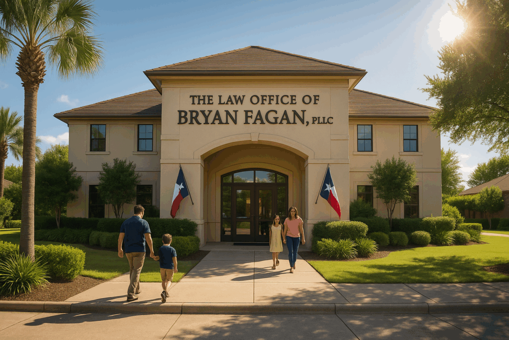 A wide-angle, photo-realistic image of The Law Office of Bryan Fagan, PLLC on a sunny summer day. The two-story beige building features a prominent arched entrance with Texas flags on either side. A family with children walks toward the entrance along a well-maintained pathway, surrounded by green lawns, palm trees, and lush landscaping under a bright blue sky.