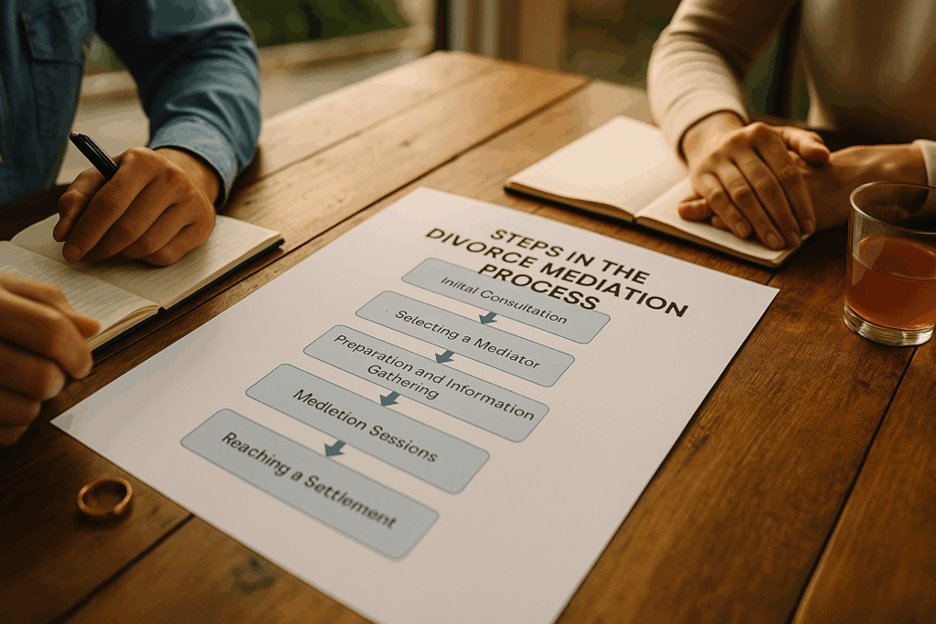 Steps in the divorce mediation process, showing a structured approach.