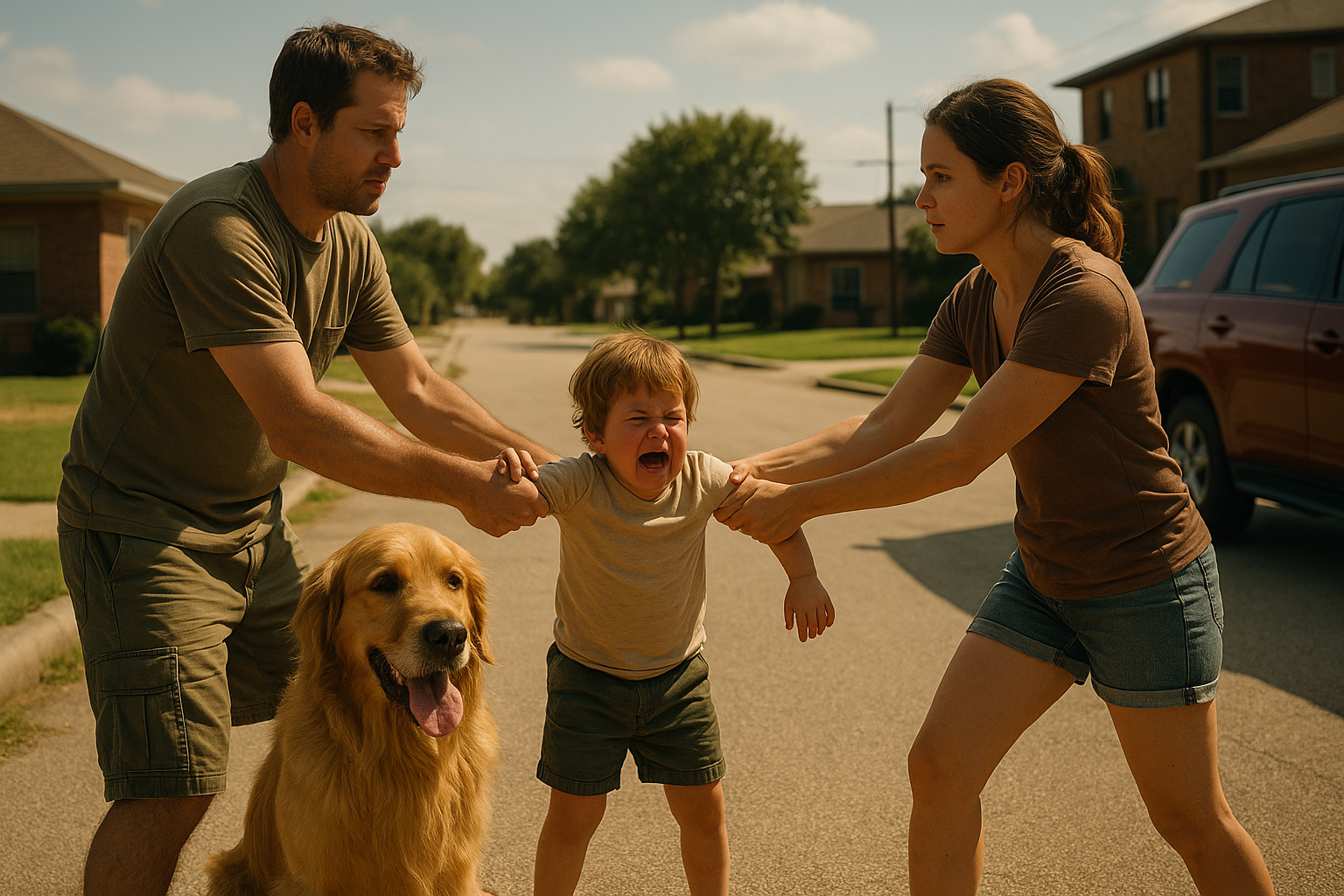 Father and mother sharing custody of crying child and golden retriever on a suburban Texas street during a summer custody exchange.